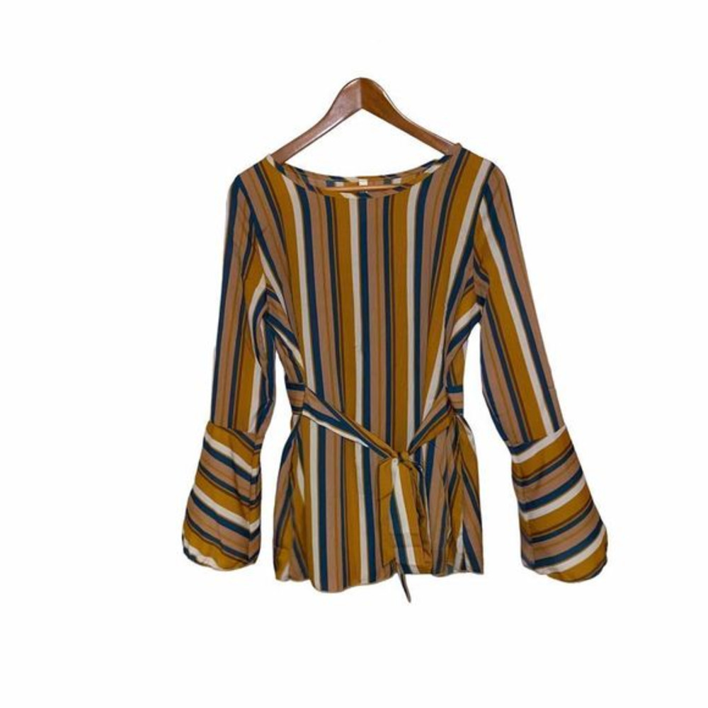 Sun N Moon striped print self‎ tied waist bell cuff long sleeve